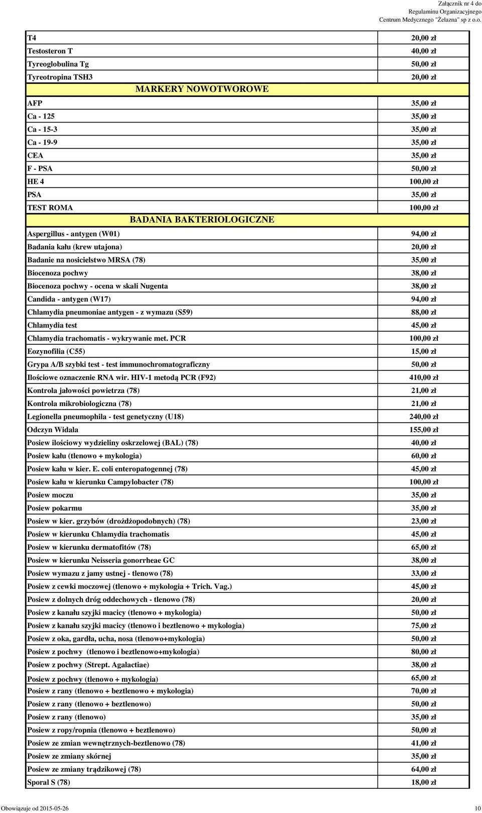 Chlamydia trachomatis - wykrywanie met. PCR Eozynofilia (C55) Grypa A/B szybki test - test immunochromatograficzny Ilościowe oznaczenie RNA wir.