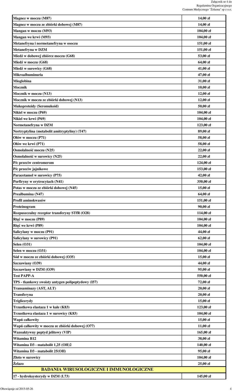 krwi (P69) Normetanefryna w DZM Nortryptylina (metabolit amitryptyliny) (T47) Ołów w moczu (P71) Ołów we krwi (P71) Osmolalność moczu (N25) Osmolalność w surowicy (N25) P/c przeciw centromerom P/c