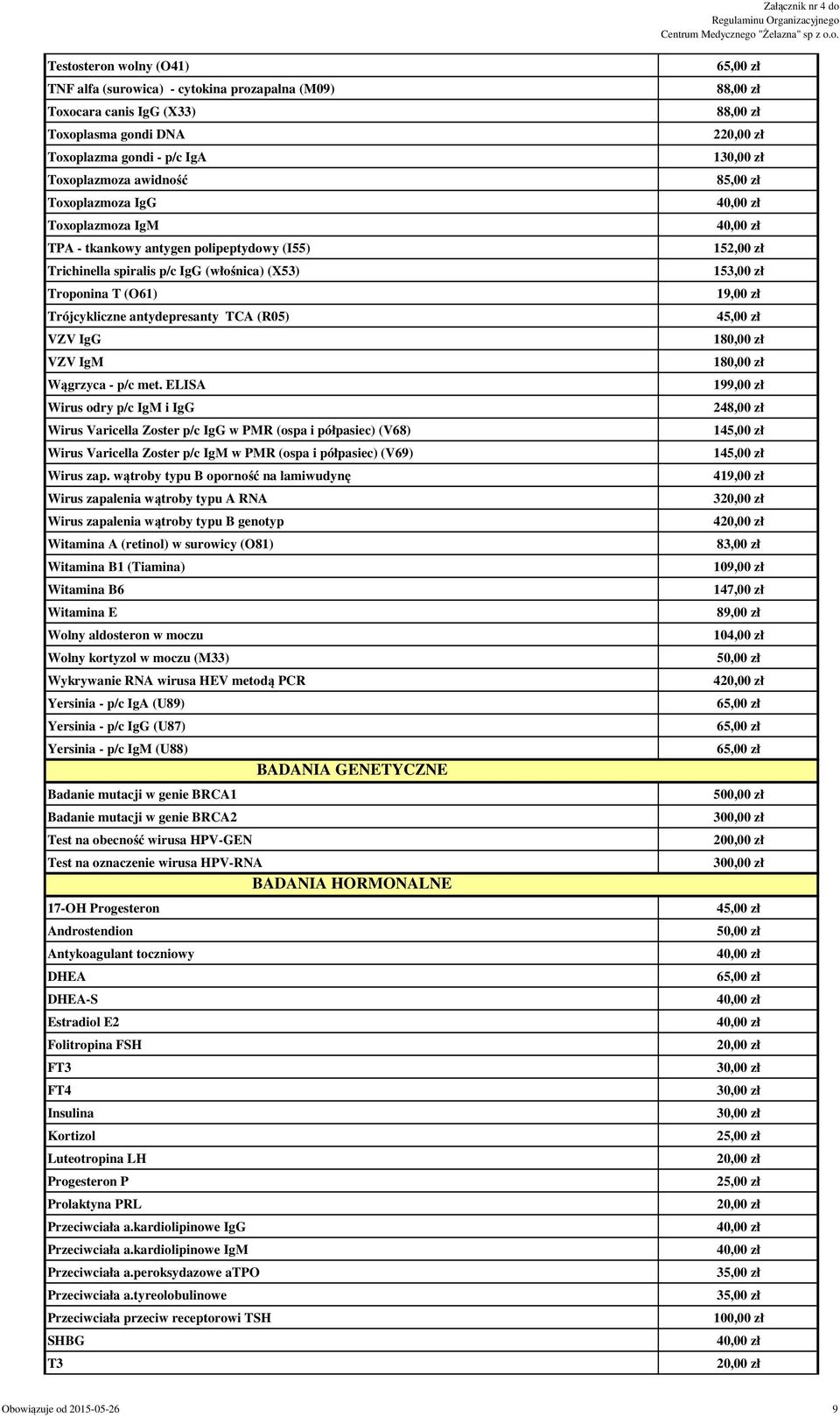 ELISA Wirus odry p/c IgM i IgG Wirus Varicella Zoster p/c IgG w PMR (ospa i półpasiec) (V68) Wirus Varicella Zoster p/c IgM w PMR (ospa i półpasiec) (V69) Wirus zap.
