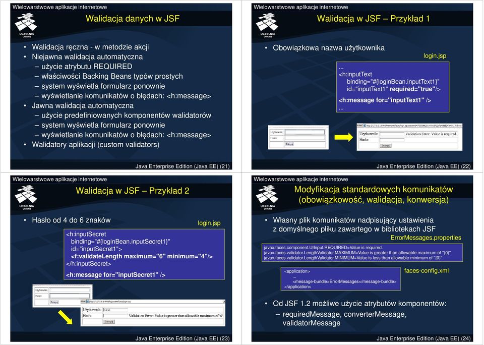 komunikatów o błędach: <h:message> Walidatory aplikacji (custom validators) Obowiązkowa nazwa użytkownika <h:inputtext binding="#{loginbean.