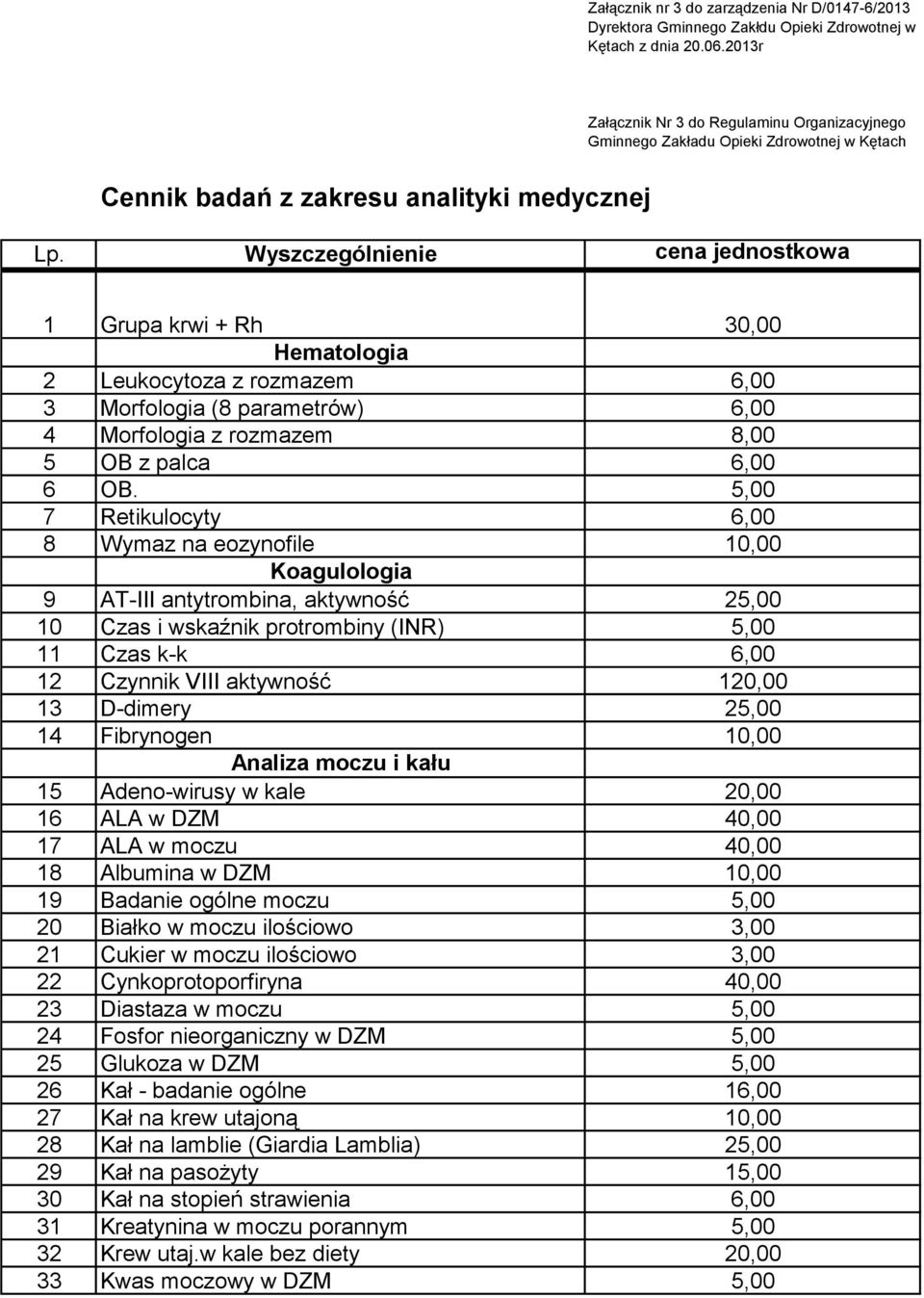 Wyszczególnienie cena jednostkowa 1 Grupa krwi + Rh 30,00 Hematologia 2 Leukocytoza z rozmazem 6,00 3 Morfologia (8 parametrów) 6,00 4 Morfologia z rozmazem 8,00 5 OB z palca 6,00 6 OB.