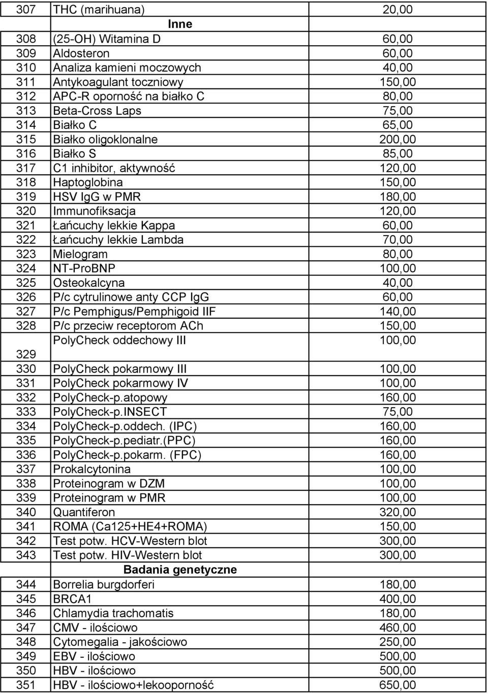 120,00 321 Łańcuchy lekkie Kappa 60,00 322 Łańcuchy lekkie Lambda 70,00 323 Mielogram 80,00 324 NT-ProBNP 100,00 325 Osteokalcyna 40,00 326 P/c cytrulinowe anty CCP IgG 60,00 327 P/c