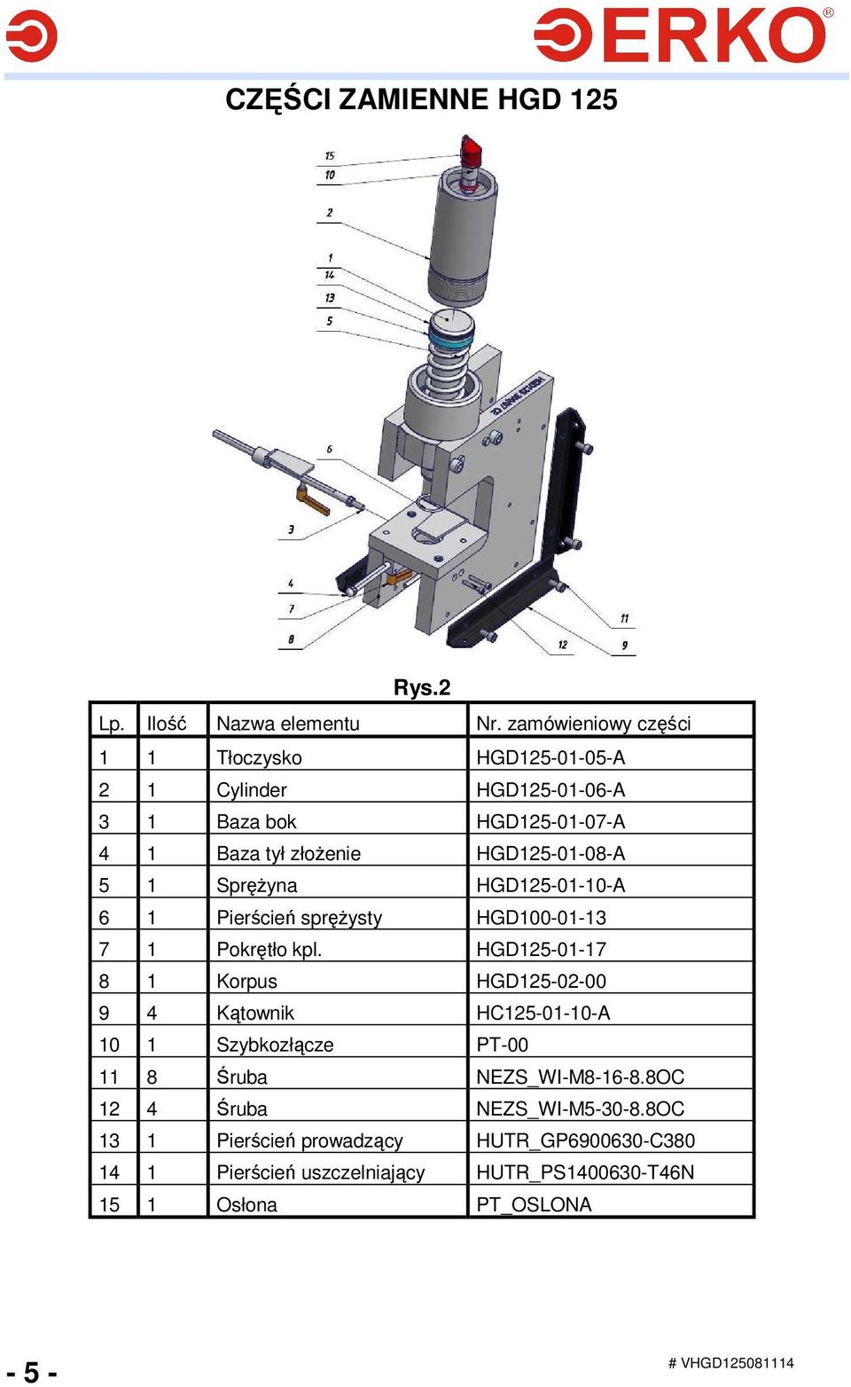 HGD125-01-08-A 5 1 SpręŜyna HGD125-01-10-A 6 1 Pierścień spręŝysty HGD100-01-13 7 1 Pokrętło kpl.