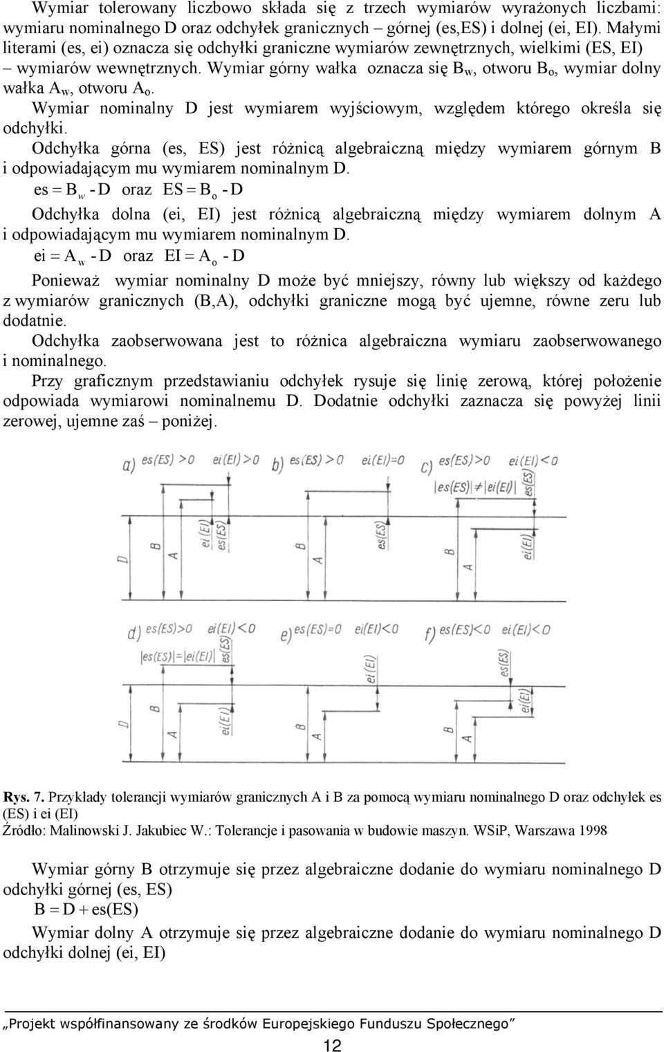 Wymiar górny wałka oznacza się B w, otworu B o, wymiar dolny wałka A w, otworu A o. Wymiar nominalny D jest wymiarem wyjściowym, względem którego określa się odchyłki.