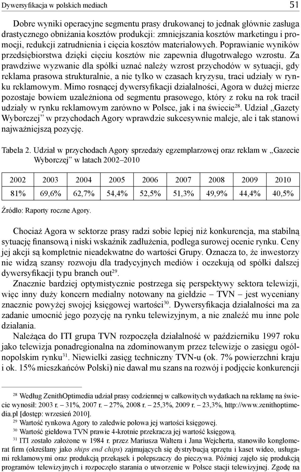 Za prawdziwe wyzwanie dla spółki uznać należy wzrost przychodów w sytuacji, gdy reklama prasowa strukturalnie, a nie tylko w czasach kryzysu, traci udziały w rynku reklamowym.