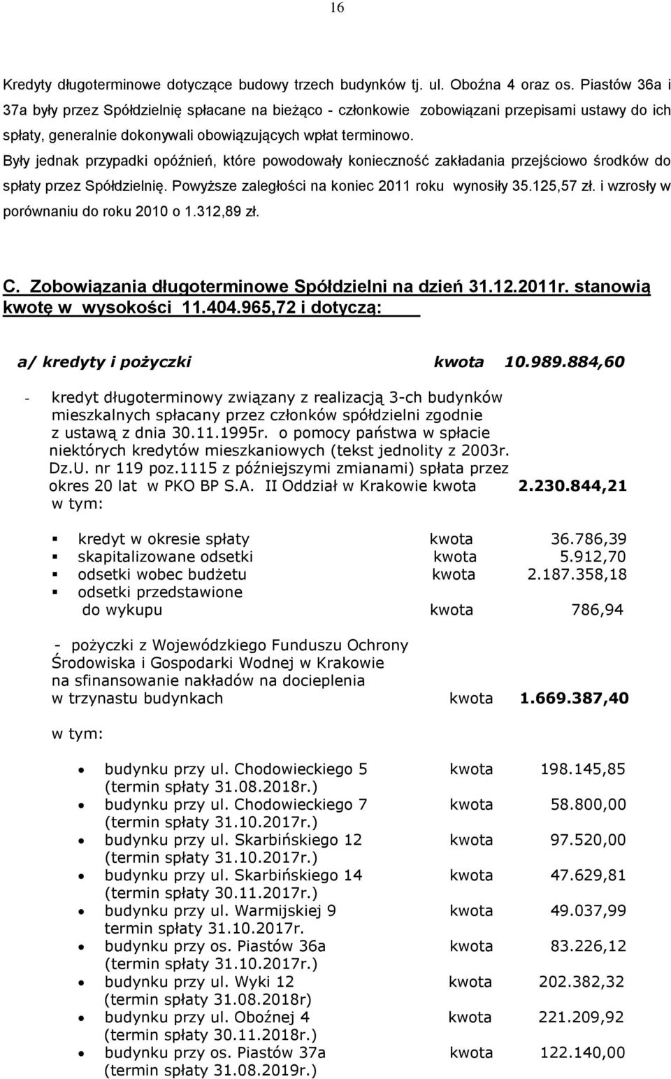 Były jednak przypadki opóźnień, które powodowały konieczność zakładania przejściowo środków do spłaty przez Spółdzielnię. Powyższe zaległości na koniec 2011 roku wynosiły 35.125,57 zł.