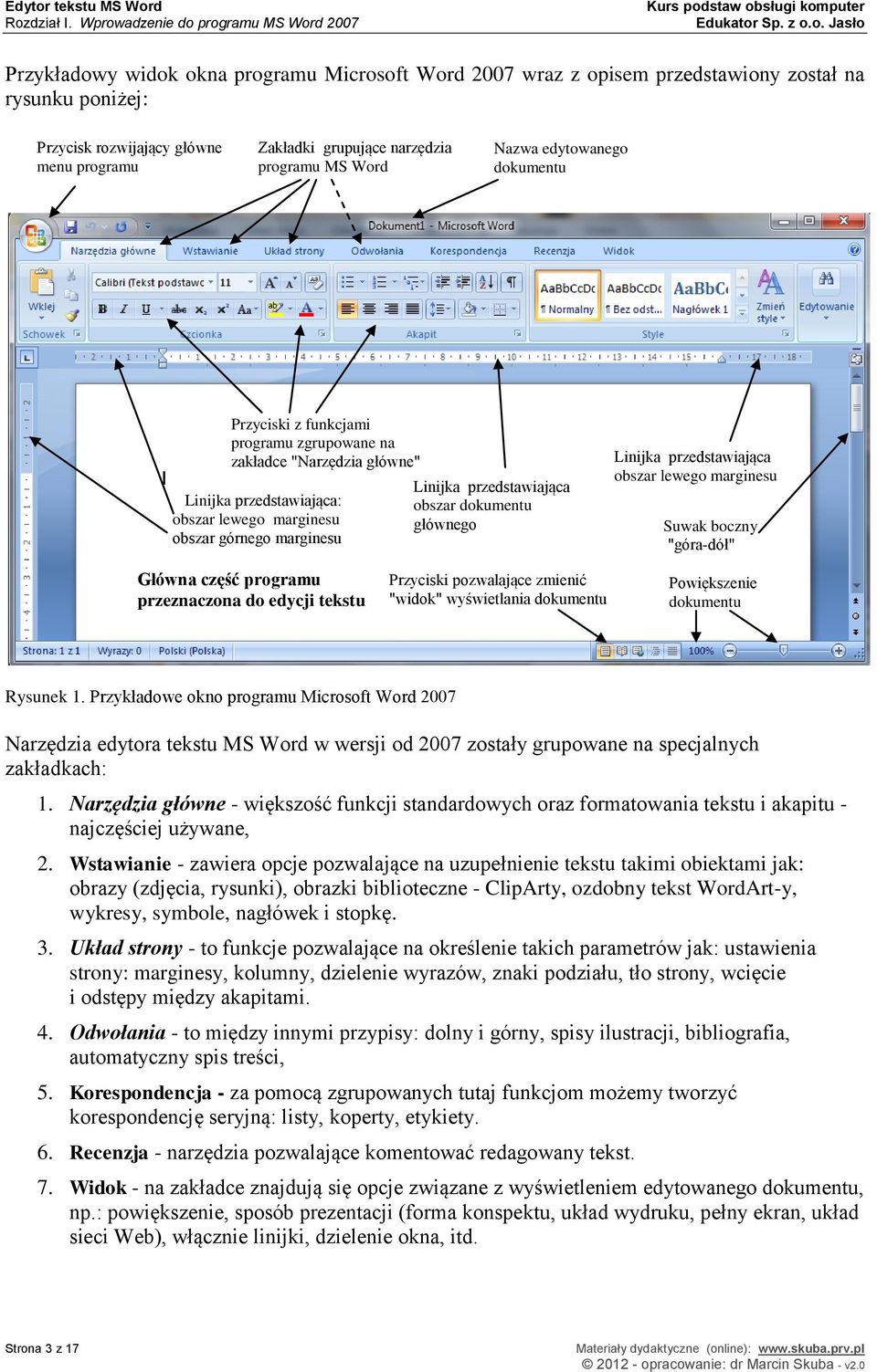 grupujące narzędzia programu MS Word Nazwa edytowanego dokumentu Przyciski z funkcjami programu zgrupowane na zakładce "Narzędzia główne" Linijka przedstawiająca: obszar lewego marginesu obszar