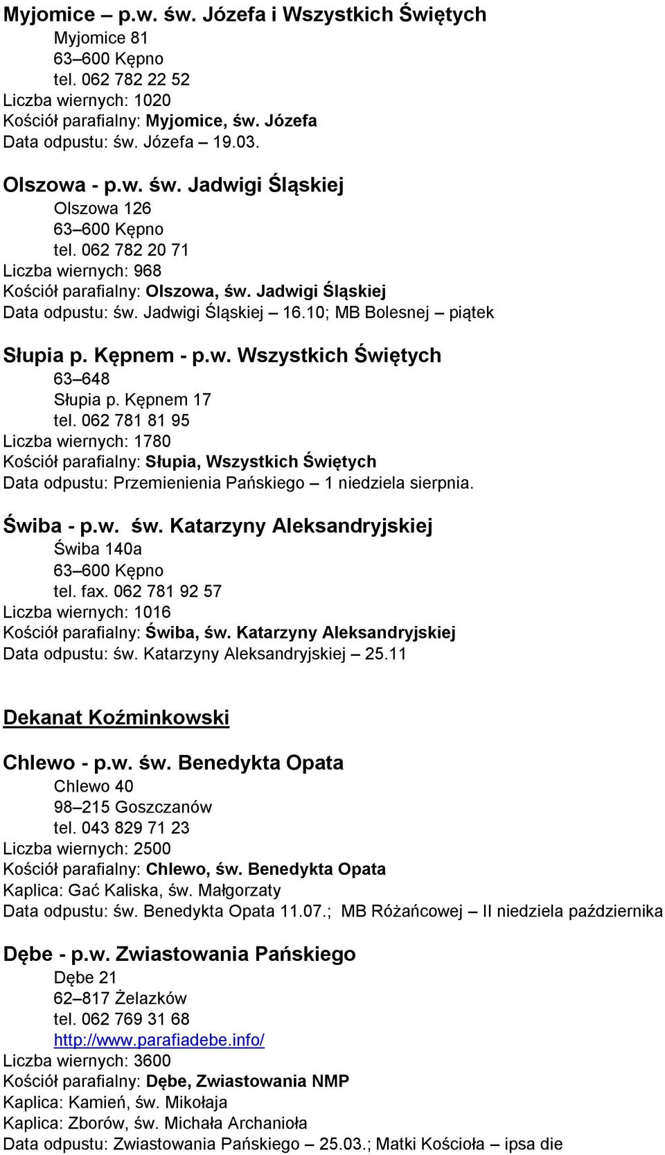 Kępnem 17 tel. 062 781 81 95 Liczba wiernych: 1780 Kościół parafialny: Słupia, Wszystkich Świętych Data odpustu: Przemienienia Pańskiego 1 niedziela sierpnia. Świba - p.w. św.