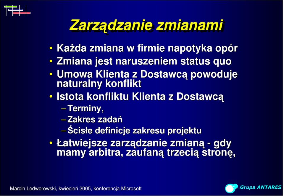 Istota konfliktu Klienta z Dostawcą Terminy, Zakres zadań Ścisłe definicje