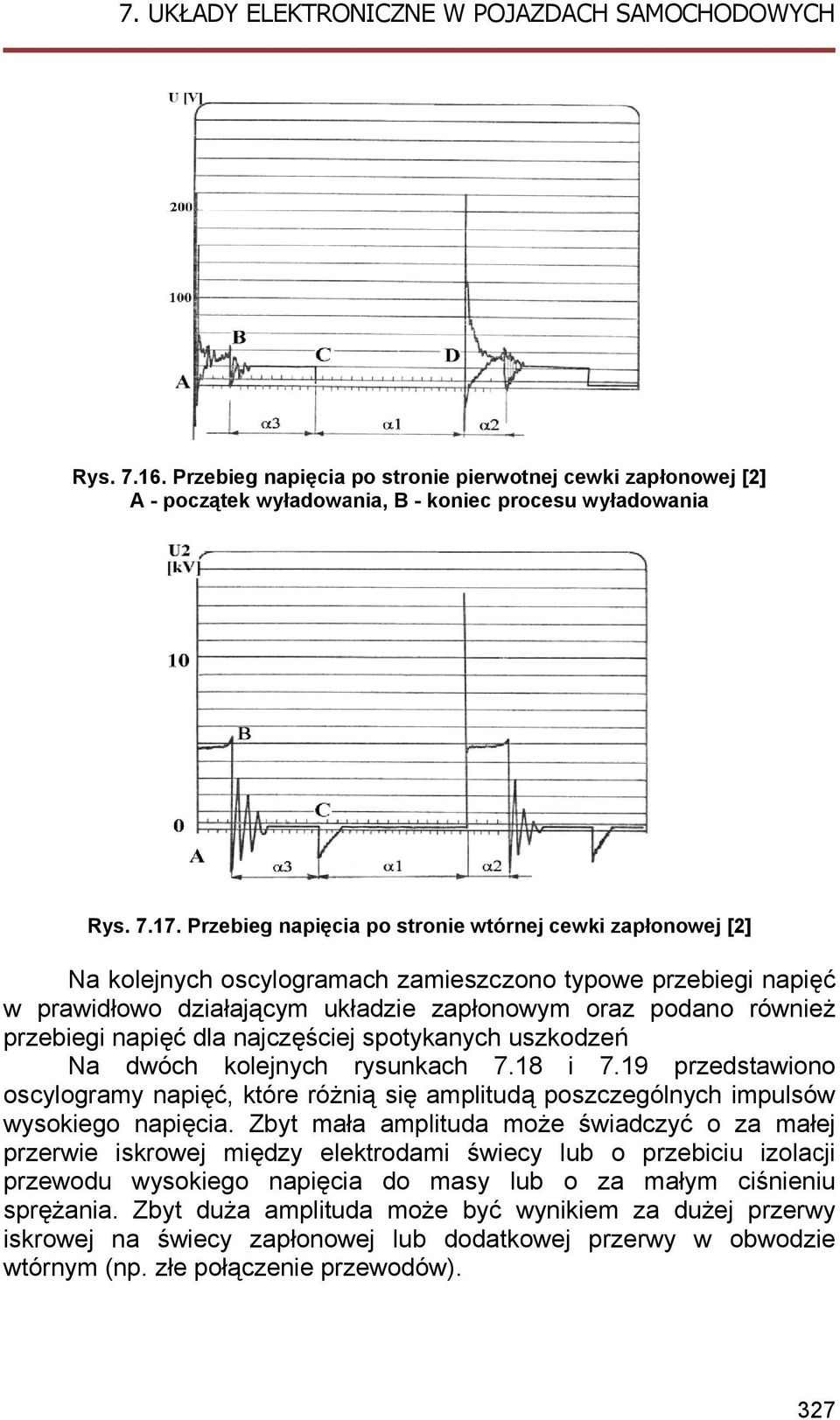 napięć dla najczęściejj spotykanych uszkodzeń Na dwóch kolejnych rysunkach 7.18 i 7.19 przedstawiono oscylogramy napięć, które różnią się amplitudą poszczególnych impulsów wysokiego napięcia.