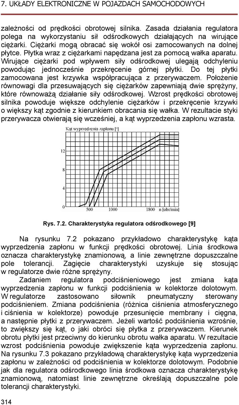 Wirujące ciężarki pod wpływem siły odśrodkowej ulegają odchyleniu powodując jednocześnie przekręcenie górnej płytki. Do tej płytki zamocowana jest krzywka współpracująca z przerywaczem.