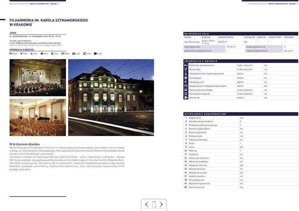 0,5 km / Kraków Airport 15 km (nie) (nie) (nie) (nie) (nie) (nie) (nie) (nie) największa sala nazwa wymiary powierzchnia teatralny szkolny bankietowy podkowa Sala Koncertowa 22,43 x 19,05 x 11,14 m