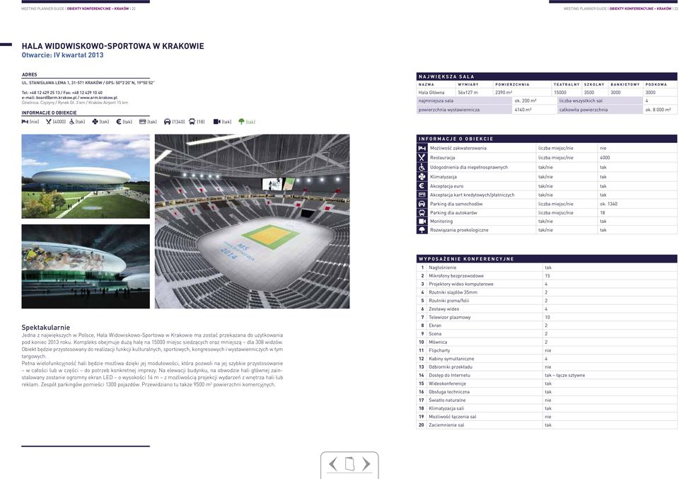 3 km / Kraków Airport 15 km (nie) (4000) (1340) (18) największa sala nazwa wymiary powierzchnia teatralny szkolny bankietowy podkowa Hala Główna 56x127 m 2390 m² 15000 3500 3000 3000 najmniejsza sala