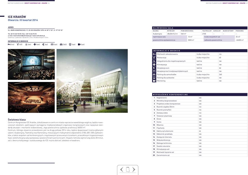 2 km / Kraków Airport 15 km (nie) (60) (bd) (360) największa sala nazwa wymiary powierzchnia teatralny szkolny bankietowy podkowa Audytoryjna 28x20x15,5 m 560 m² 2100 najmniejsza sala 10 m² liczba