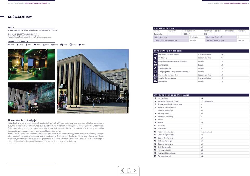1,2 km / Kraków Airport 15 km (nie) (nie) największa sala nazwa wymiary powierzchnia teatralny szkolny bankietowy podkowa Duża Sala ~1000 m² 828 najmniejsza sala 32 miejsca liczba wszystkich sal 4