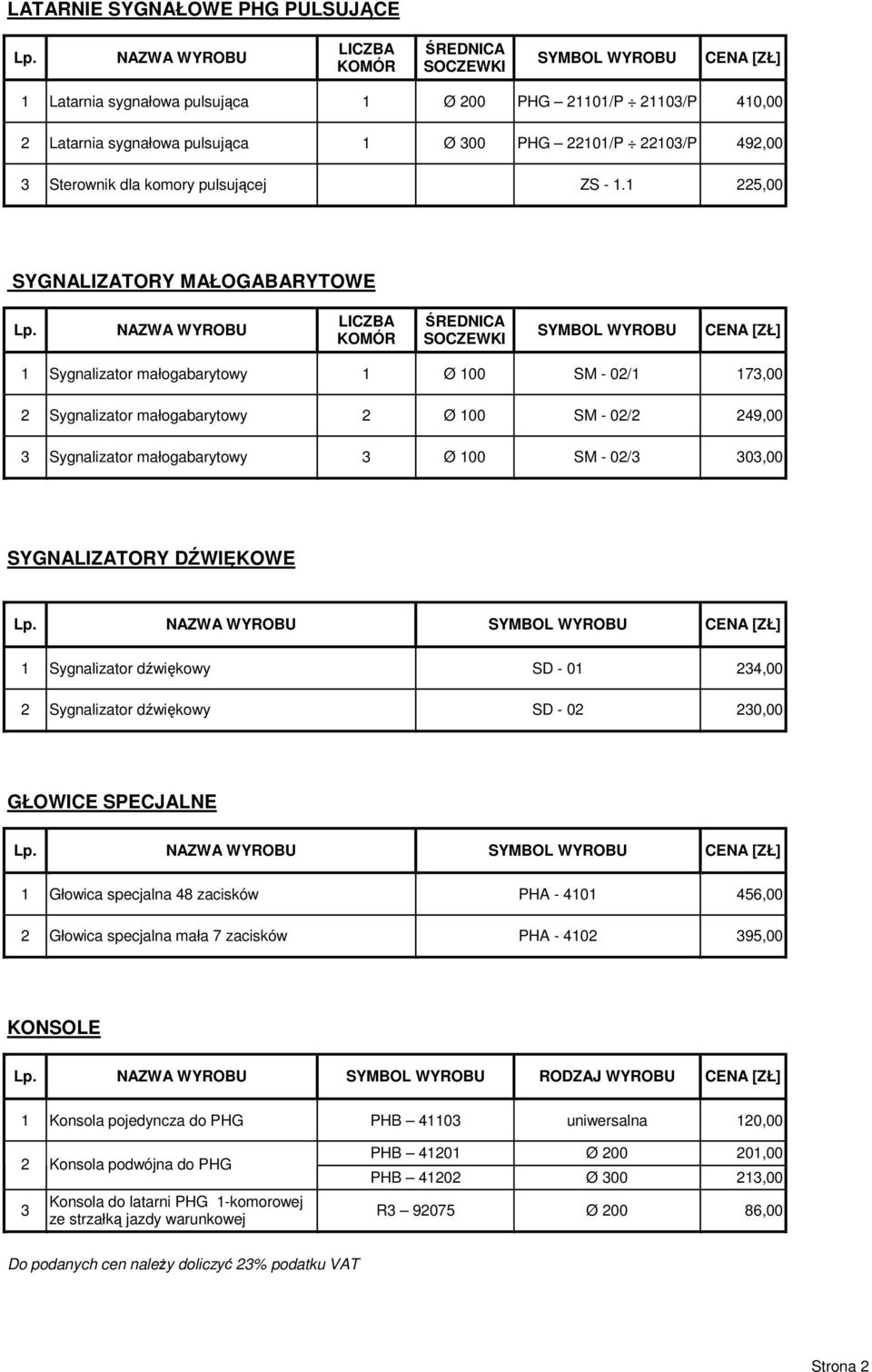 SYGNALIZATORY DŹWIĘKOWE 1 Sygnalizator dźwiękowy SD - 01 24,00 2 Sygnalizator dźwiękowy SD - 02 20,00 GŁOWICE SPECJALNE 1 Głowica specjalna 48 zacisków PHA - 4101 456,00 2 Głowica specjalna mała 7