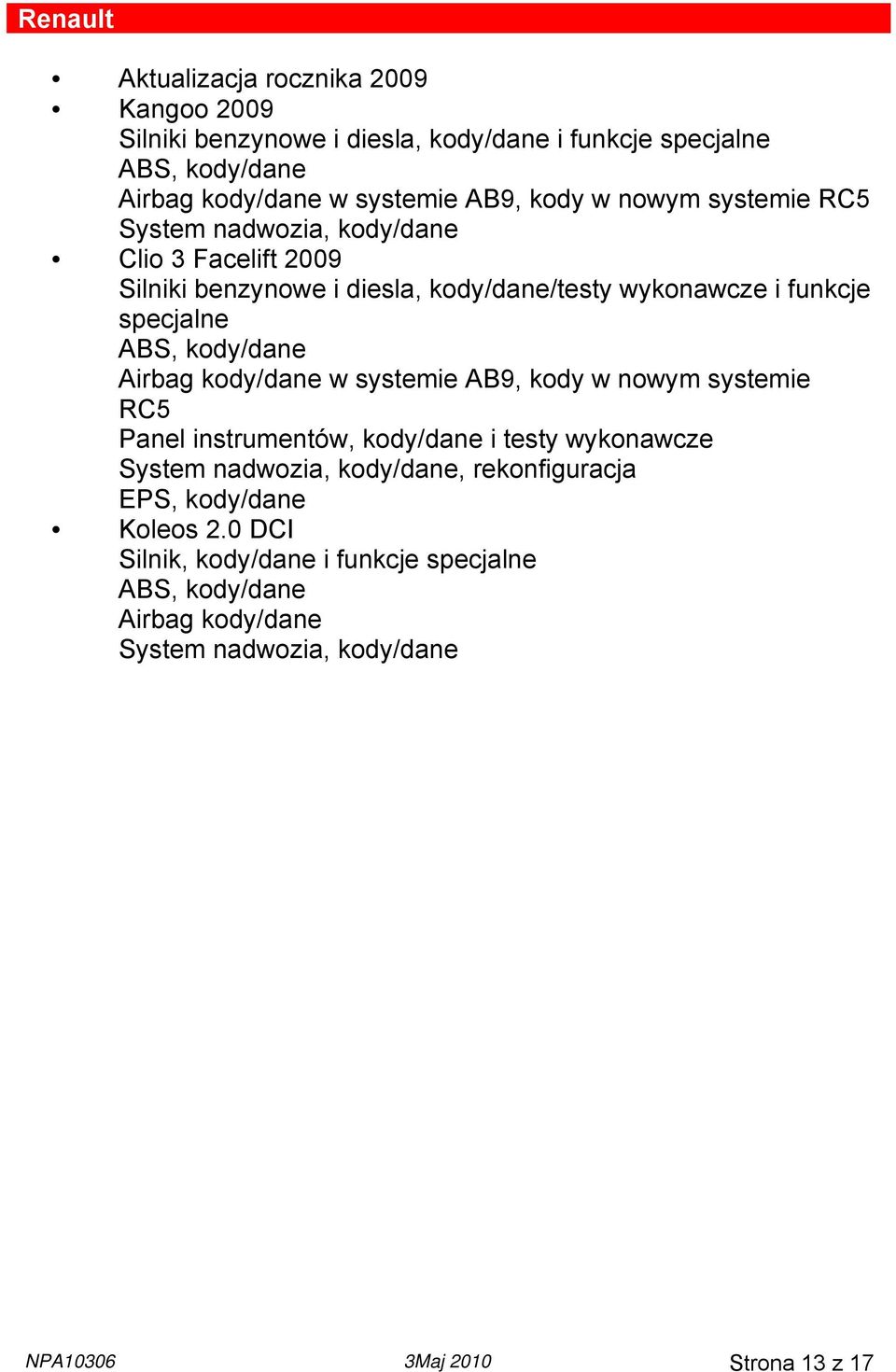 kody/dane Airbag kody/dane w systemie AB9, kody w nowym systemie RC5 Panel instrumentów, kody/dane i testy wykonawcze System nadwozia, kody/dane,