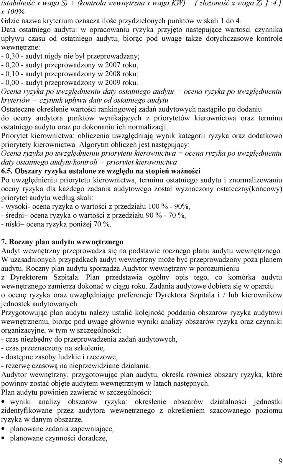 nie był przeprowadzany; - 0,20 - audyt przeprowadzony w 2007 roku; - 0,10 - audyt przeprowadzony w 2008 roku; - 0,00 - audyt przeprowadzony w 2009 roku.