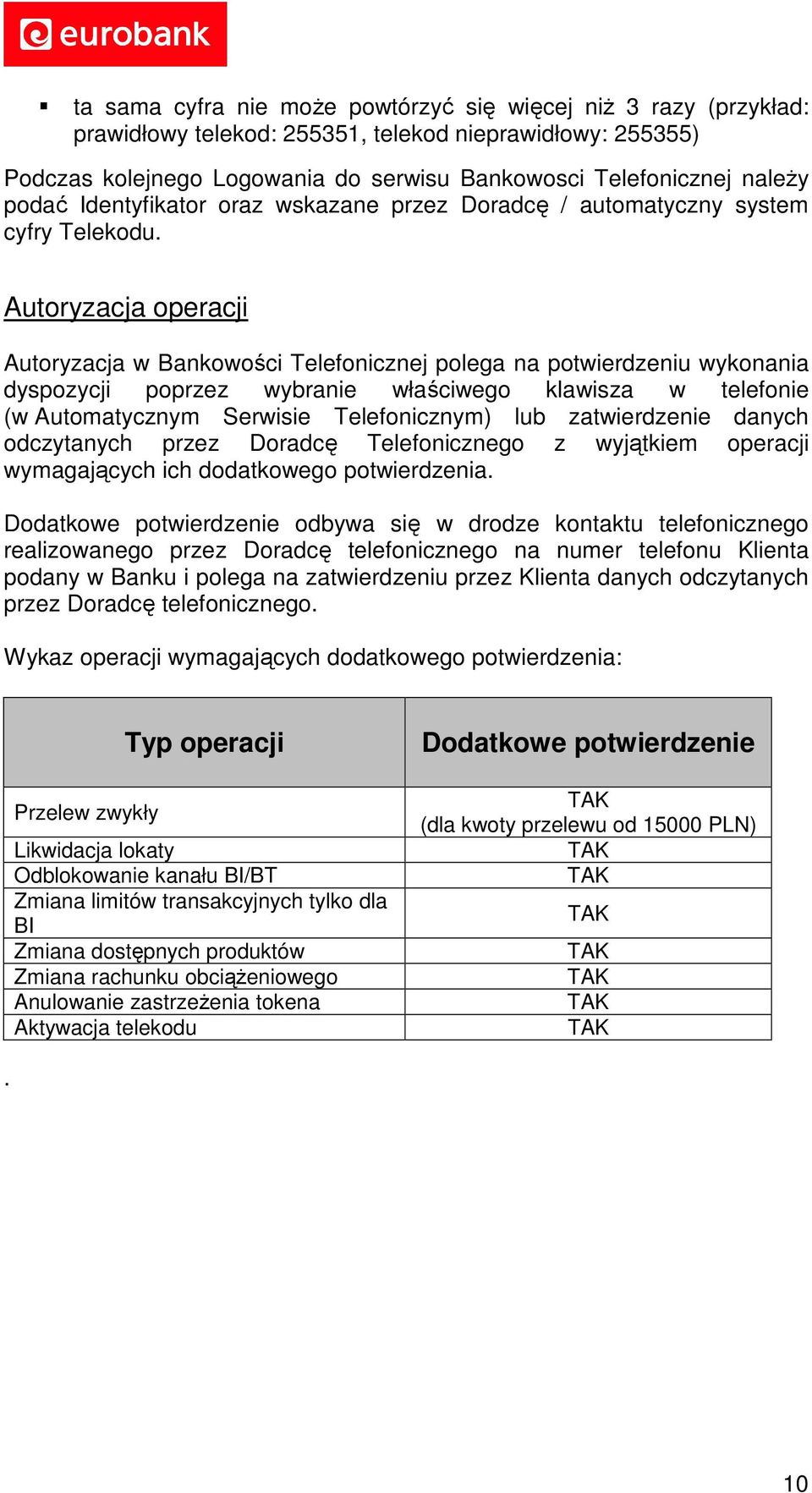 Autoryzacja operacji Autoryzacja w Bankowości Telefonicznej polega na potwierdzeniu wykonania dyspozycji poprzez wybranie właściwego klawisza w telefonie (w Automatycznym Serwisie Telefonicznym) lub