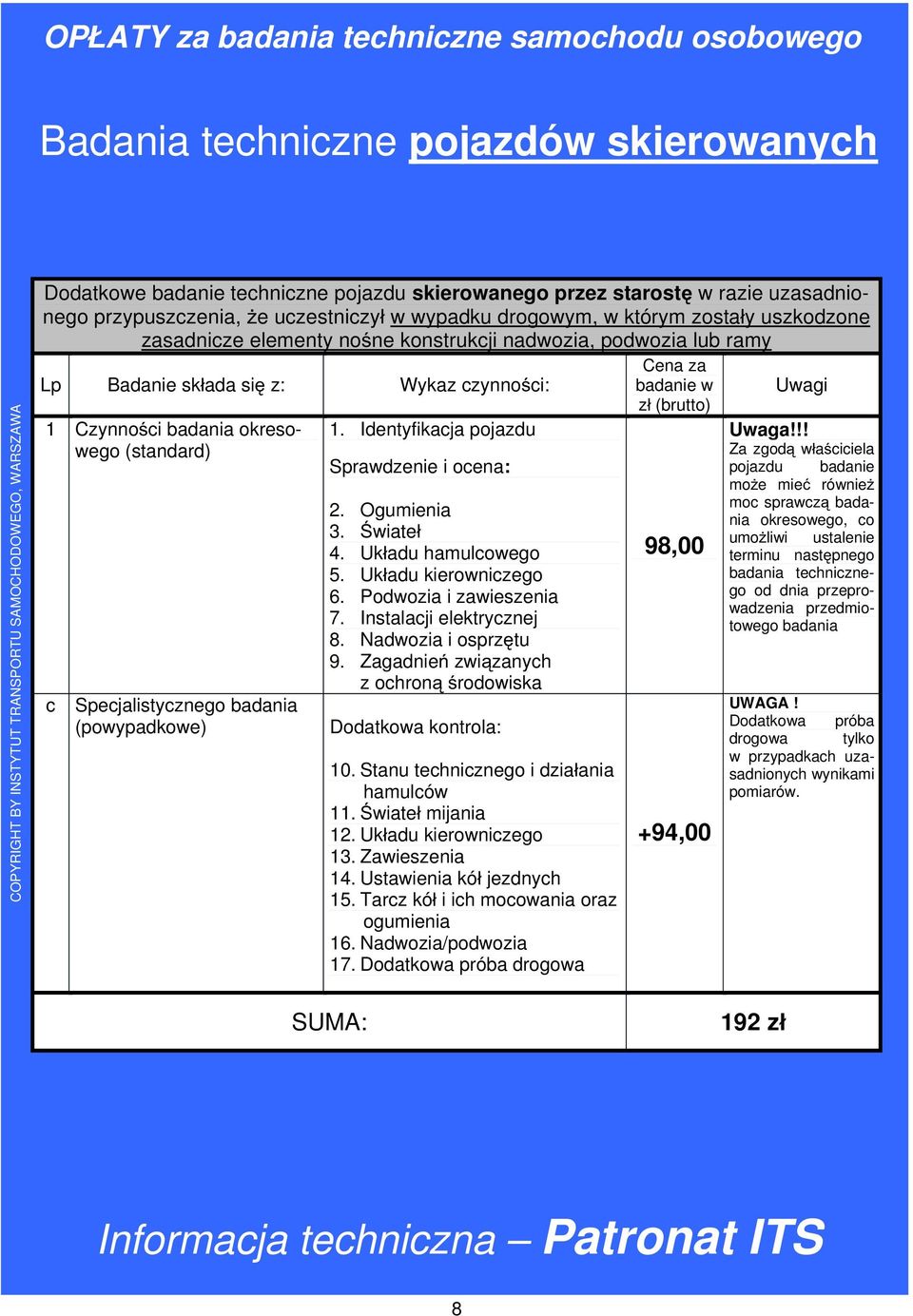 !! Za zgod w a ciciela c Specjalistycznego badania (powypadkowe) 2. Ogumienia 3. wiate 4. Uk adu hamulcowego 5. Uk adu kierowniczego 6. Podwozia i zawieszenia 7. Instalacji elektrycznej 8.