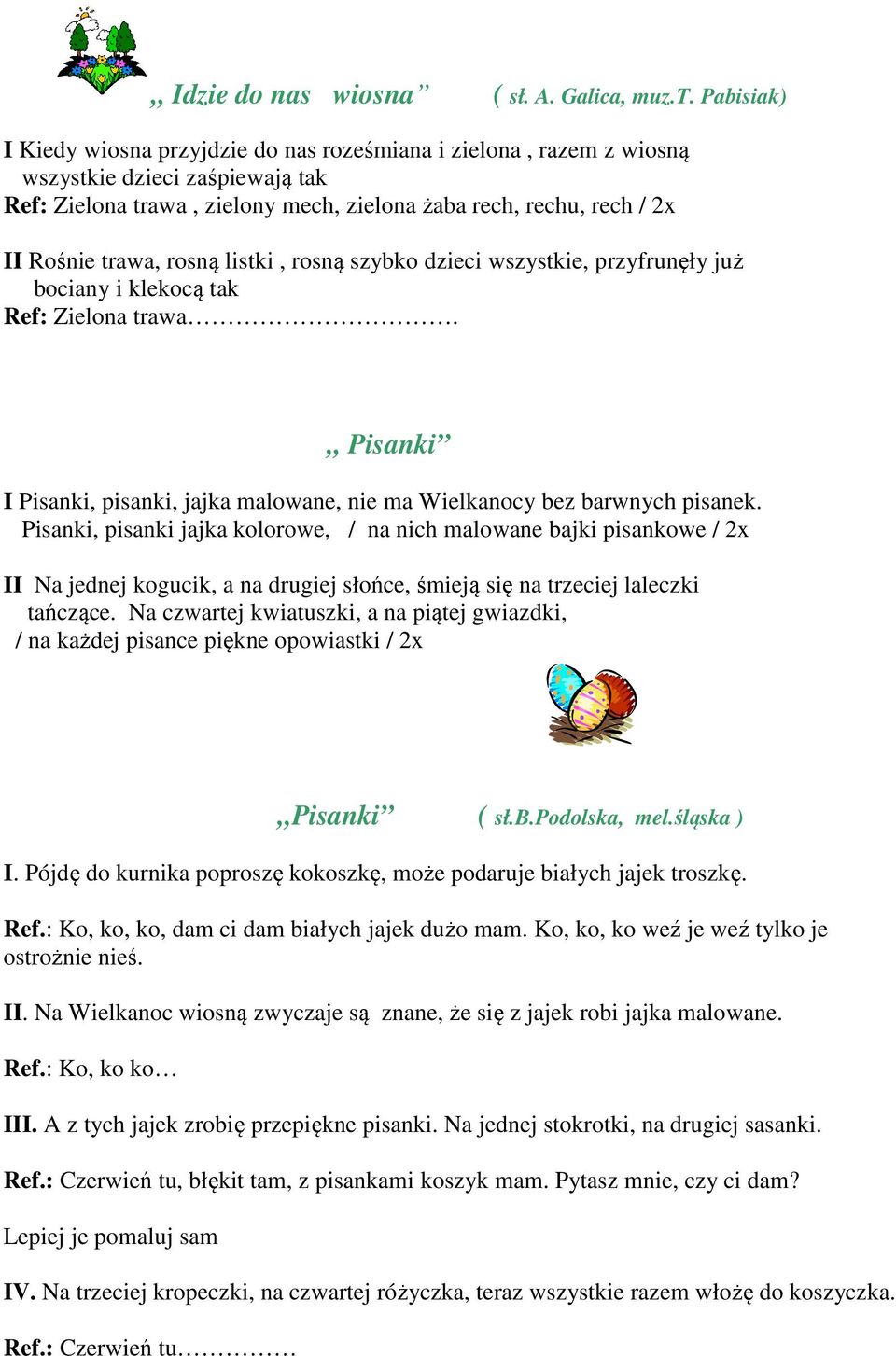 rosną listki, rosną szybko dzieci wszystkie, przyfrunęły już bociany i klekocą tak Ref: Zielona trawa. Pisanki I Pisanki, pisanki, jajka malowane, nie ma Wielkanocy bez barwnych pisanek.