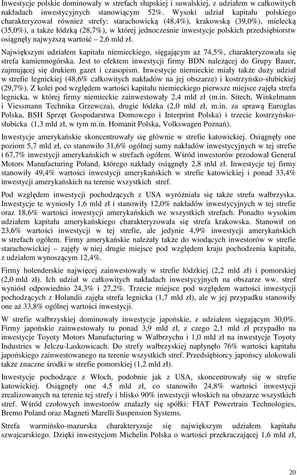 przedsiębiorstw osiągnęły najwyższą wartość 2,6 mld zł. Największym udziałem kapitału niemieckiego, sięgającym aż 74,5%, charakteryzowała się strefa kamiennogórska.