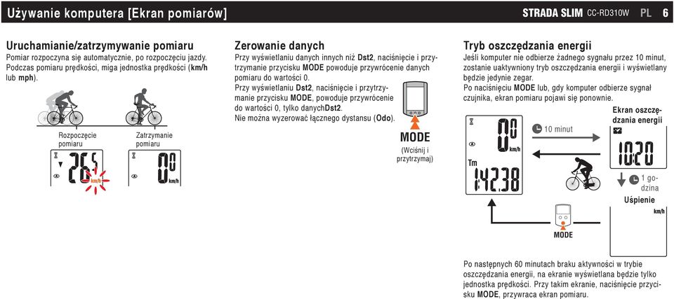 Rozpoczęcie pomiaru Zatrzymanie pomiaru Zerowanie danych Przy wyświetlaniu danych innych niż Dst2, naciśnięcie i przytrzymanie przycisku powoduje przywrócenie danych pomiaru do wartości 0.