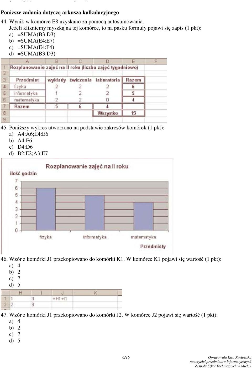 Poniższy wykres utworzono na podstawie zakresów komórek (1 pkt): a) A4:A6;E4:E6 b) A4:E6 c) D4:D6 d) B2:E2;A3:E7 46.