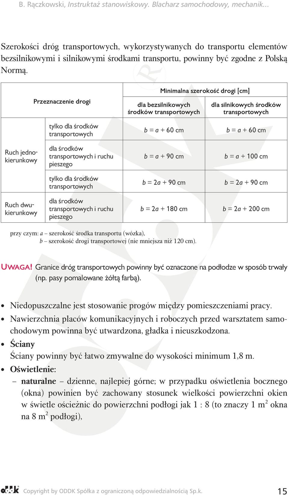 jednokierunkowy dla środków transportowych i ruchu pieszego b = a + 90 cm b = a + 100 cm tylko dla środków transportowych b = 2a + 90 cm b = 2a + 90 cm Ruch dwukierunkowy dla środków transportowych i