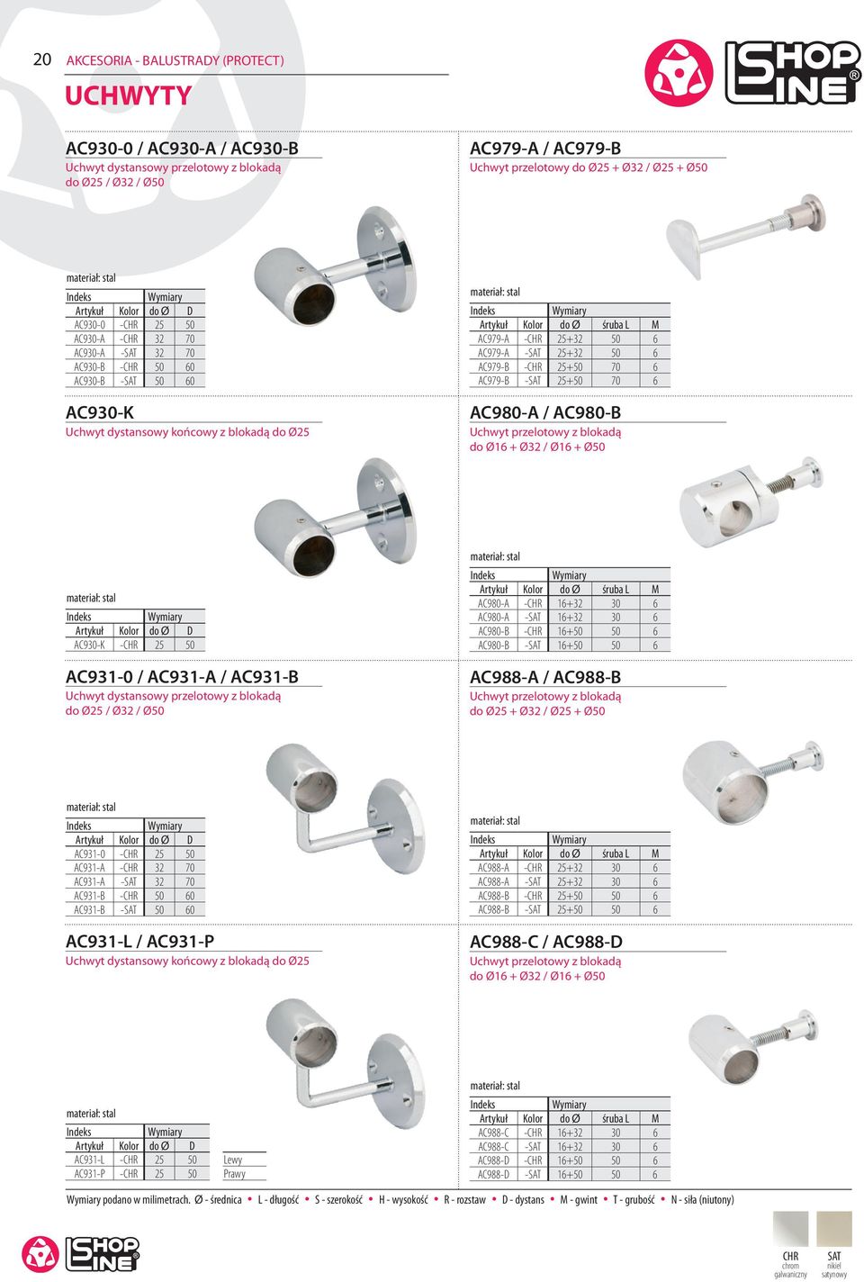 70 6 AC979-B - 25+50 70 6 AC980-A / AC980-B Uchwyt przelotowy z blokadą do Ø16 + Ø32 / Ø16 + Ø50 D AC930-K - 25 50 AC931-0 / AC931-A / AC931-B Uchwyt dystansowy przelotowy z blokadą do Ø25 / Ø32 /