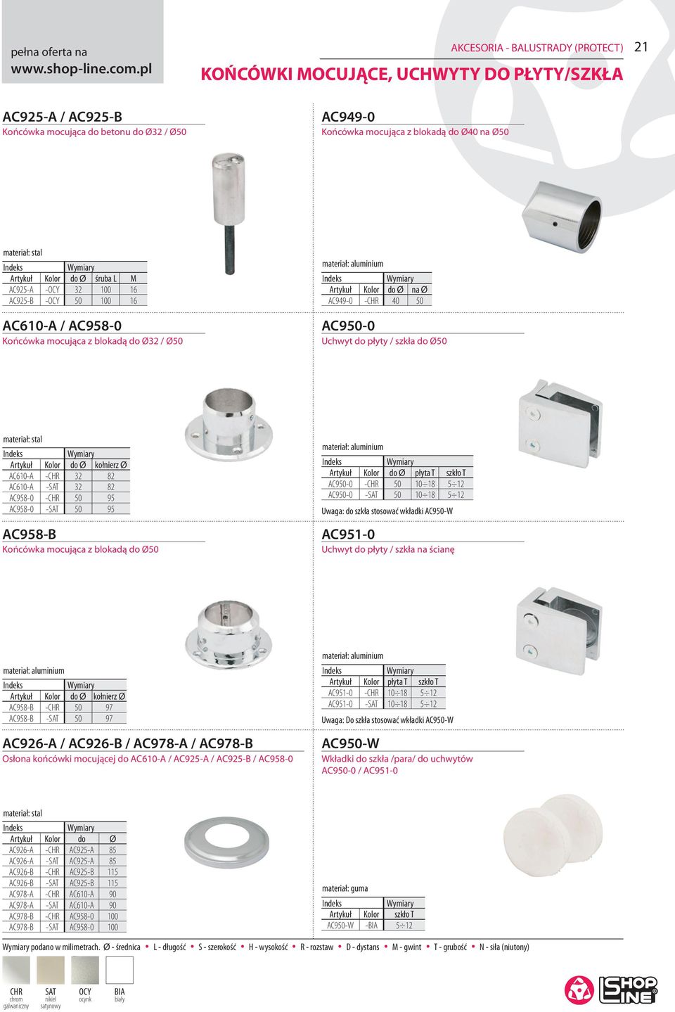 AC925-A -OCY 32 100 16 AC925-B -OCY 50 100 16 AC610-A / AC958-0 Końcówka mocująca z blokadą do Ø32 / Ø50 na Ø AC949-0 - 40 50 AC950-0 Uchwyt do płyty / szkła do Ø50 kołnierz Ø AC610-A - 32 82 AC610-A