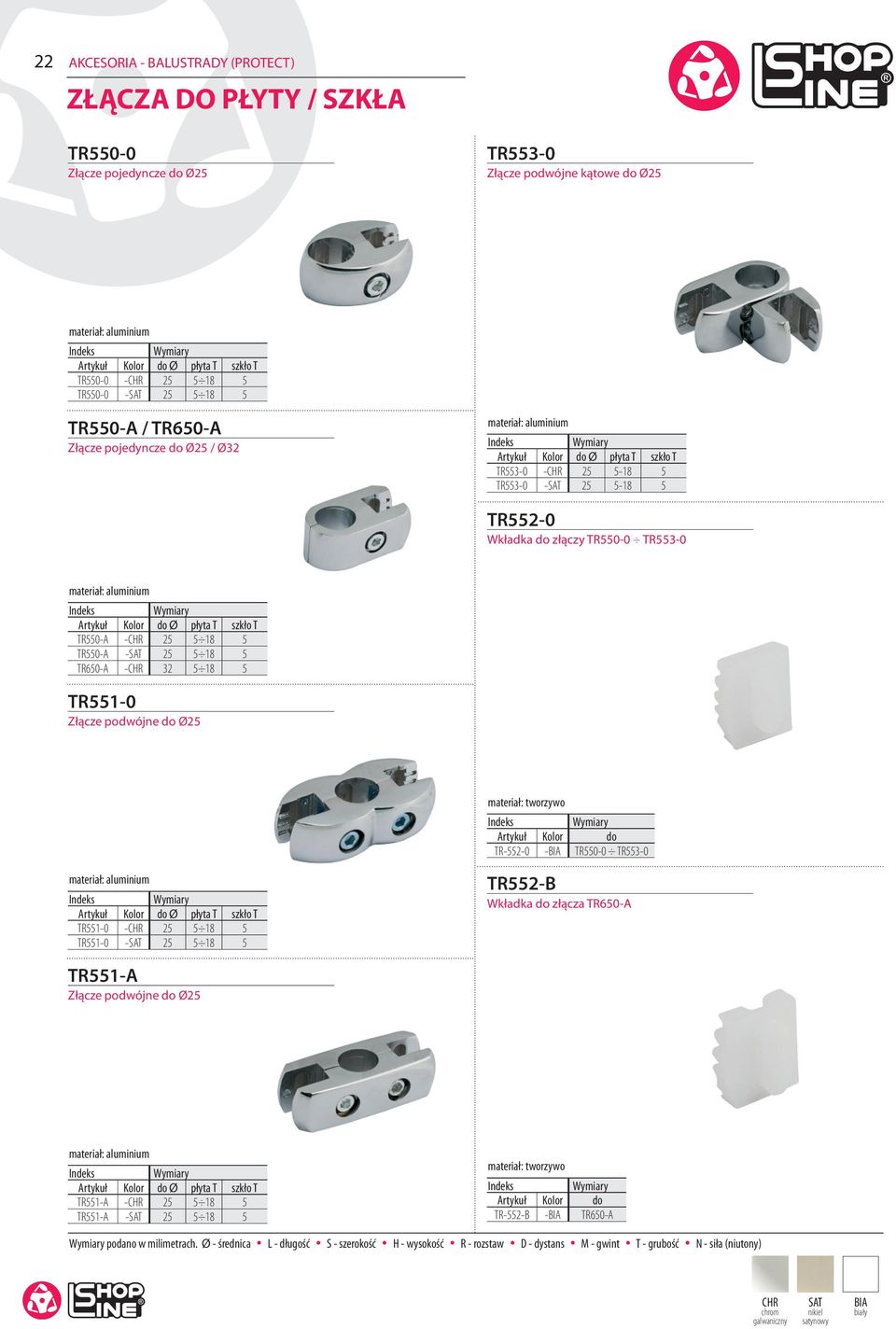 TR650-A - 32 5 18 5 TR551-0 Złącze podwójne do Ø25 Artykuł Kolor do TR-552-0 -BIA TR550-0 TR553-0 płyta T szkło T TR551-0 - 25 5 18 5 TR551-0 - 25 5 18 5 TR552-B Wkładka do złącza TR650-A TR551-A