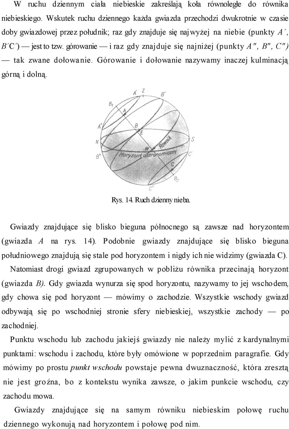 górowanie i raz gdy znajduje się najniżej (punkty A", B", C" ) tak zwane dołowanie. Górowanie i dołowanie nazywamy inaczej kulminacją górną i dolną. Rys. 14. Ruch dzienny nieba.