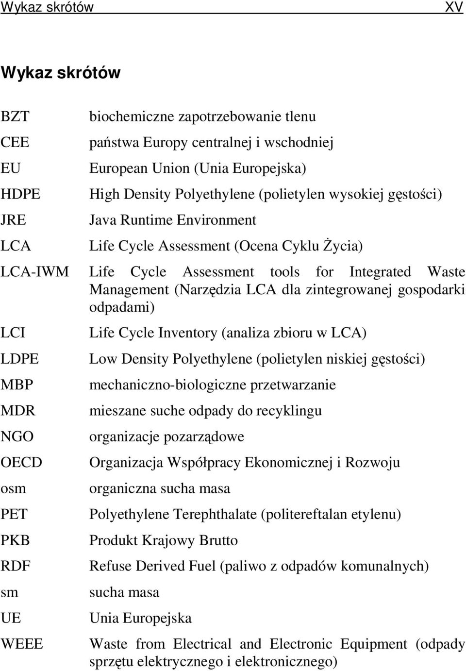 odpadami) LCI LDPE MBP MDR NGO OECD osm PET PKB RDF sm UE WEEE Life Cycle Inventory (analiza zbioru w LCA) Low Density Polyethylene (polietylen niskiej gstoci) mechaniczno-biologiczne przetwarzanie