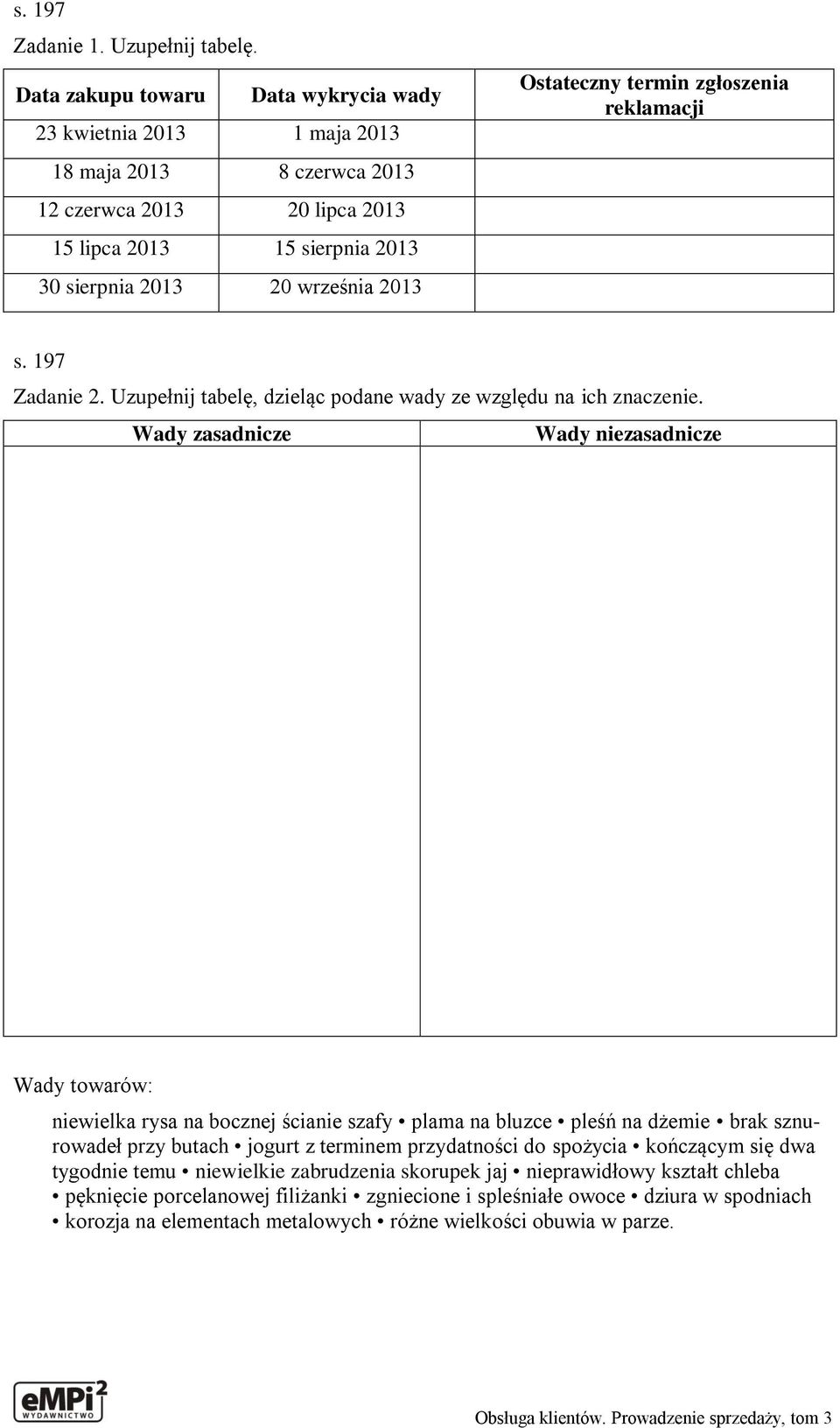 Ostateczny termin zgłoszenia reklamacji s. 197 Zadanie 2. Uzupełnij tabelę, dzieląc podane wady ze względu na ich znaczenie.