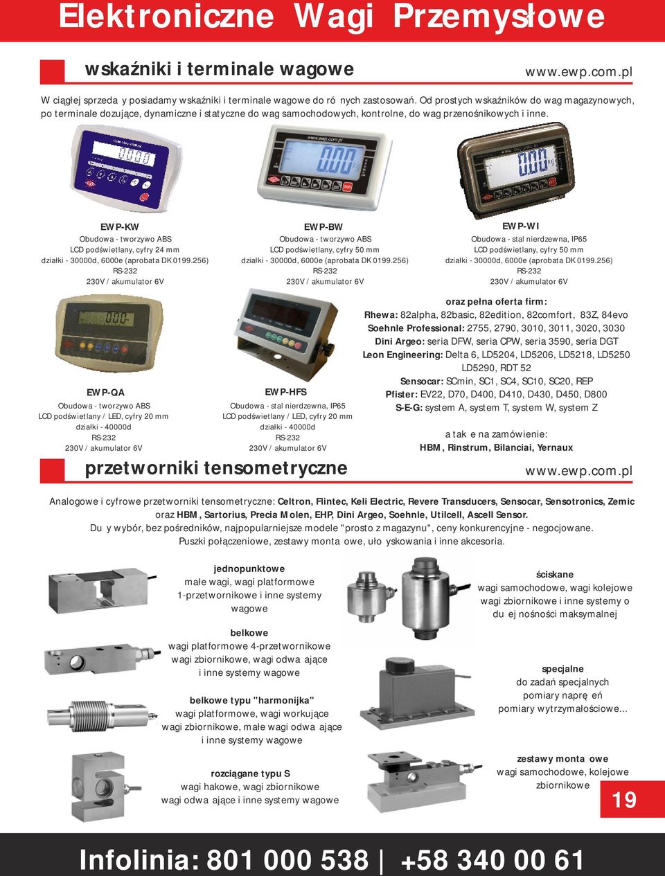 EWP-KW EWP-BW EWP-WI Obudowa - tworzywo ABS LCD podświetlany, cyfry 50 mm działki - 30000d, 6000e (aprobata DK 0199.