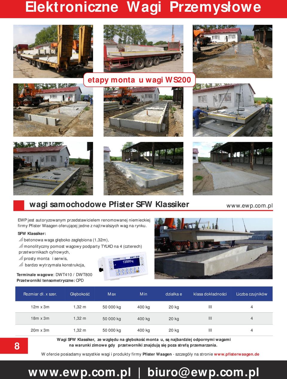 konstrukcja, Terminale wagowe: DWT410 / DWT800 Przetworniki tensometryczne: CPD Rozmiar dł. x szer.