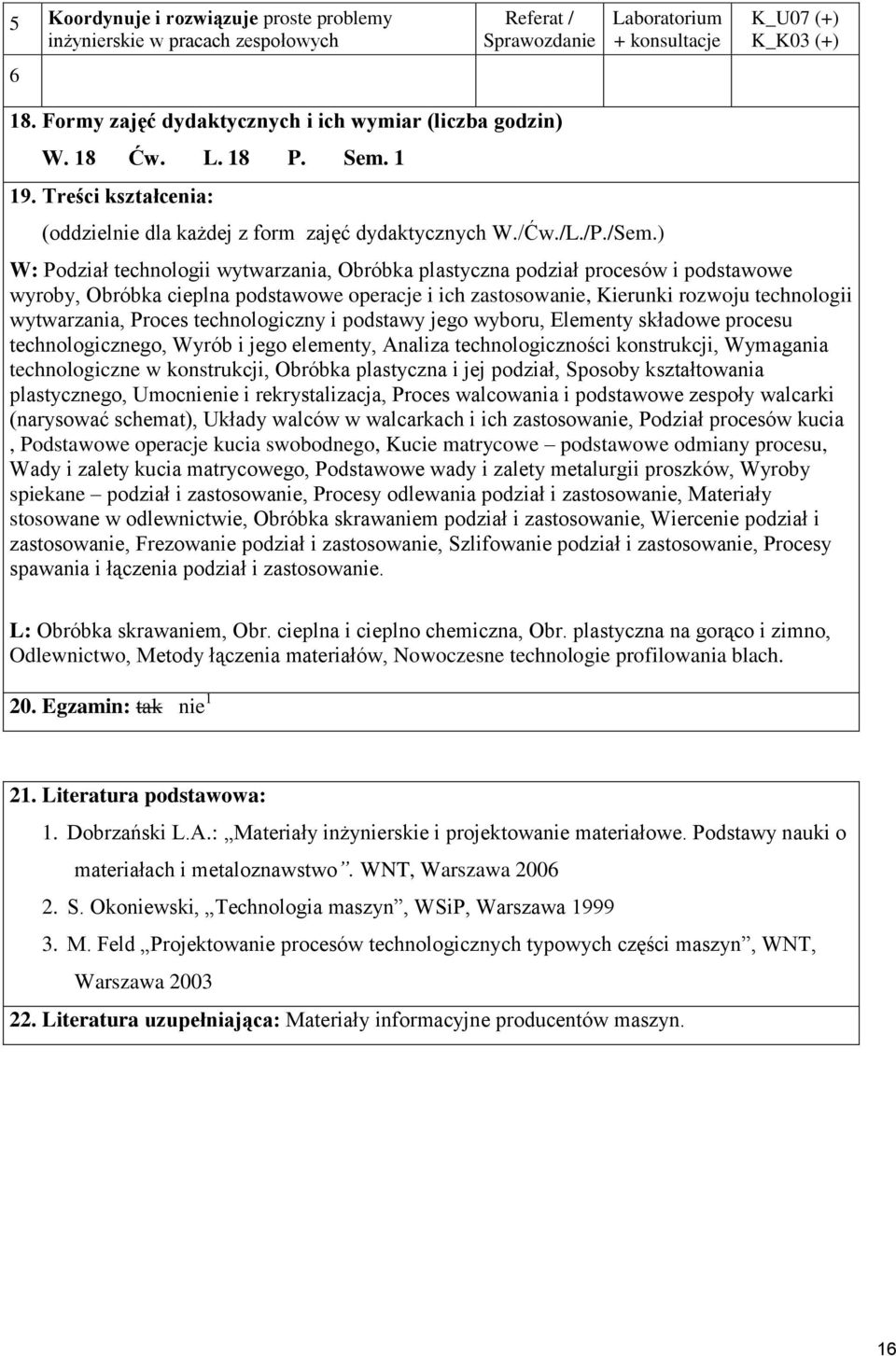 ) W: Podział technologii wytwarzania, Obróbka plastyczna podział procesów i podstawowe wyroby, Obróbka cieplna podstawowe operacje i ich zastosowanie, Kierunki rozwoju technologii wytwarzania, Proces