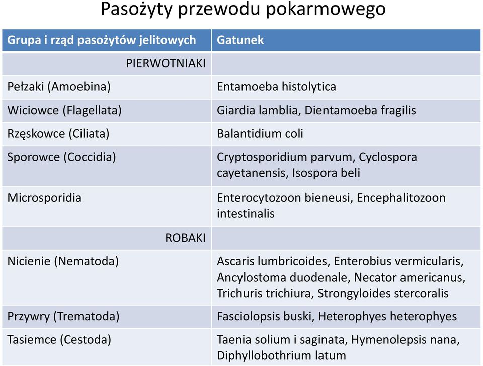 parvum, Cyclospora cayetanensis, Isospora beli Enterocytozoon bieneusi, Encephalitozoon intestinalis Ascaris lumbricoides, Enterobius vermicularis, Ancylostoma duodenale,