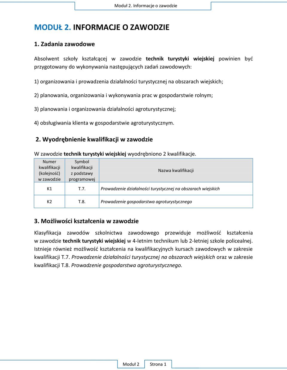 gospodarstwie agroturystycznym. 2. W W zawodzie technik turystyki wiejskiej 2 kwalifikacje.