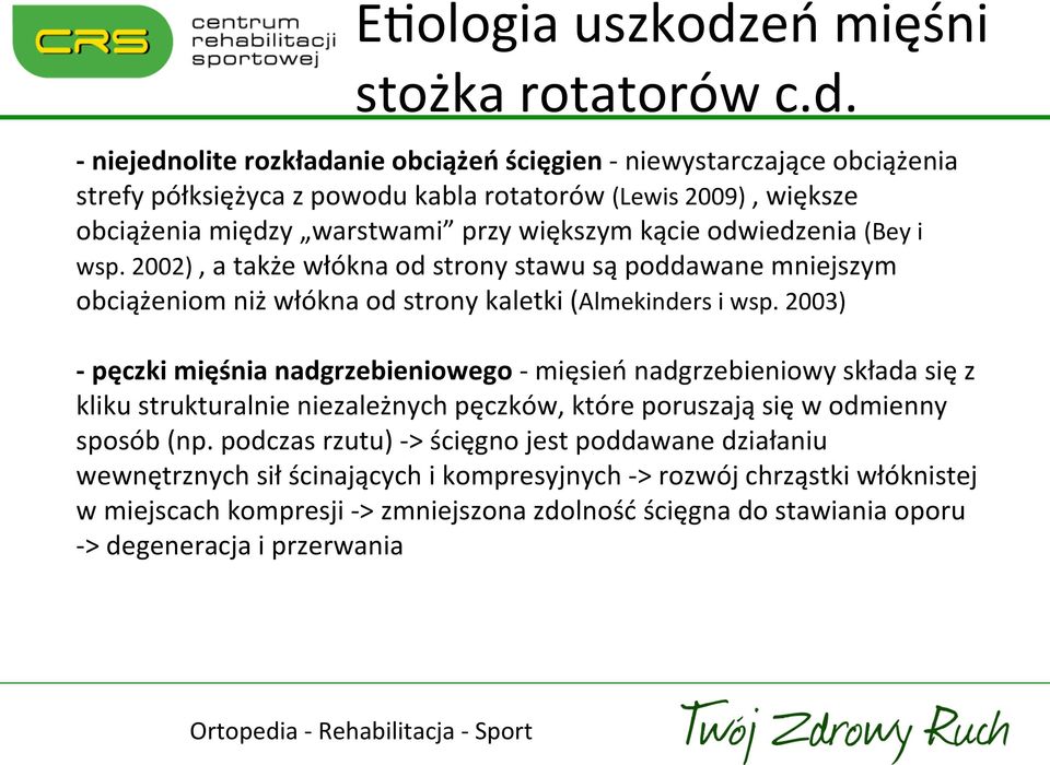 - niejednolite rozkładanie obciążeń ścięgien - niewystarczające obciążenia strefy półksiężyca z powodu kabla rotatorów (Lewis 2009), większe obciążenia między warstwami przy większym kącie