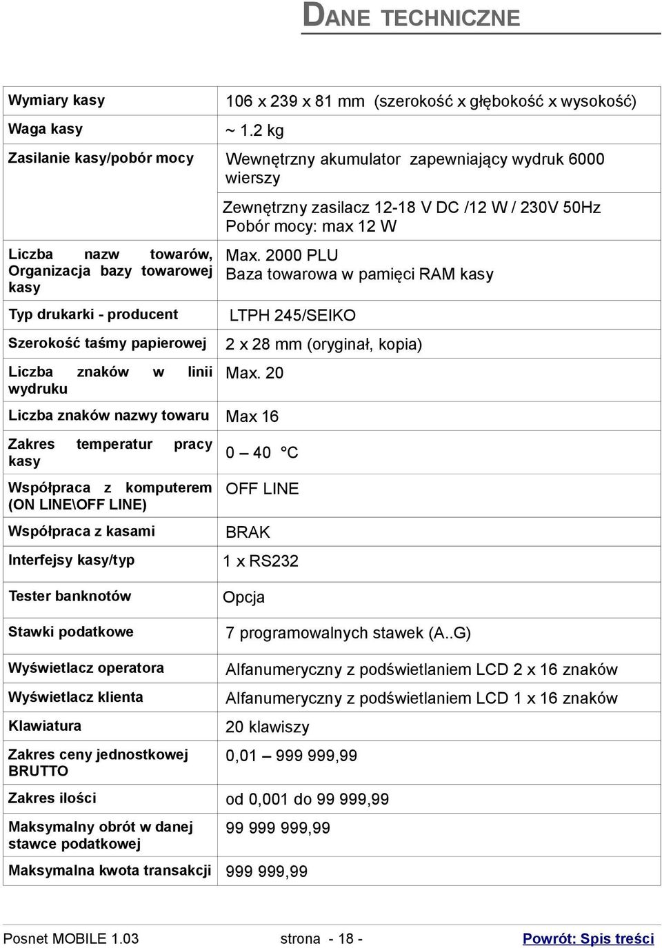 mm (oryginał, kopia) Liczba znaków wydruku w linii Max 0 Liczba znaków nazwy towaru Max 6 Zakres kasy 0 40 C temperatur pracy Współpraca z komputerem OFF LINE (ON LINE\OFF LINE) Współpraca z kasami