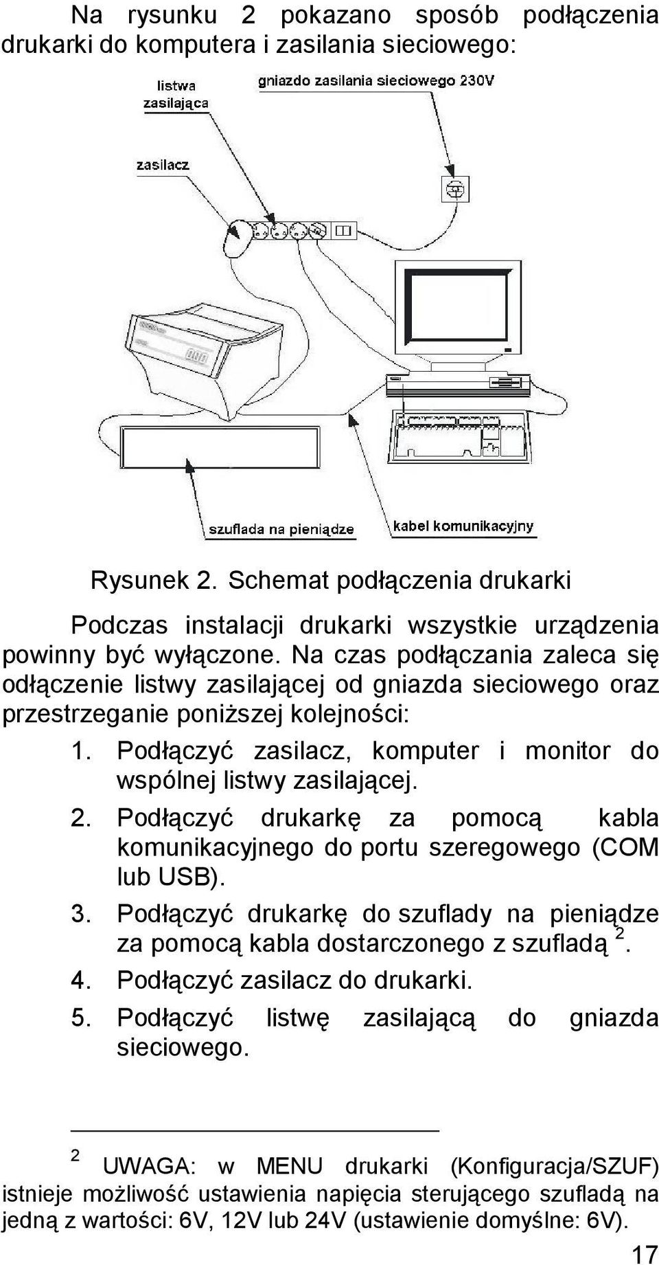 2. Podłączyć drukarkę za pomocą kabla komunikacyjnego do portu szeregowego (COM lub USB). 3. Podłączyć drukarkę do szuflady na pieniądze za pomocą kabla dostarczonego z szufladą 2. 4.