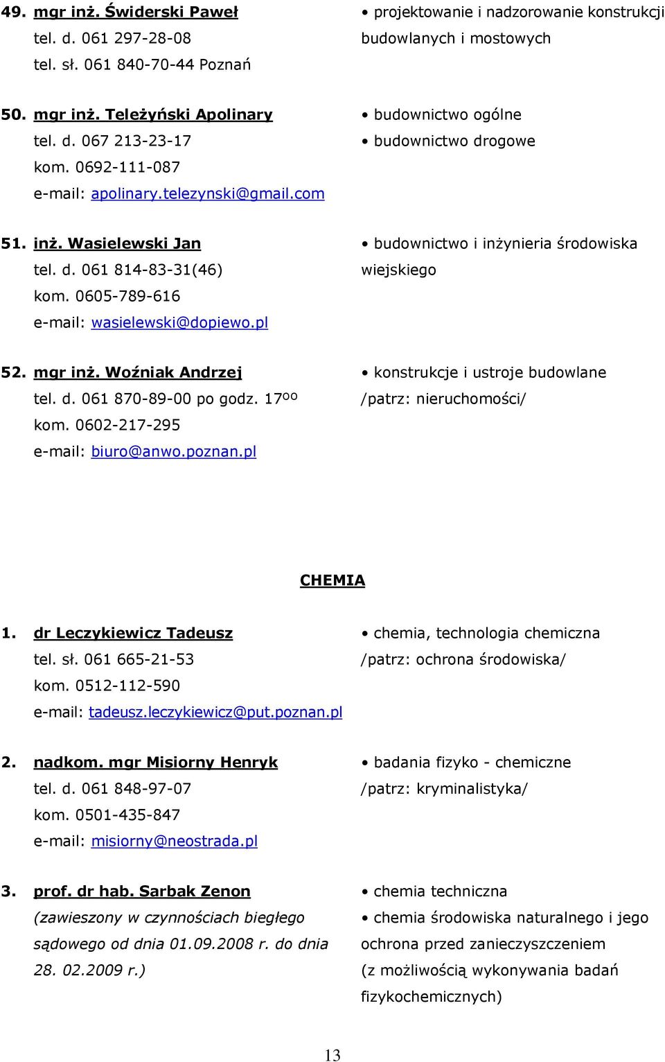 pl budownictwo i inżynieria środowiska wiejskiego 52. mgr inż. Woźniak Andrzej tel. d. 061 870-89-00 po godz. 17ºº kom. 0602-217-295 e-mail: biuro@anwo.poznan.