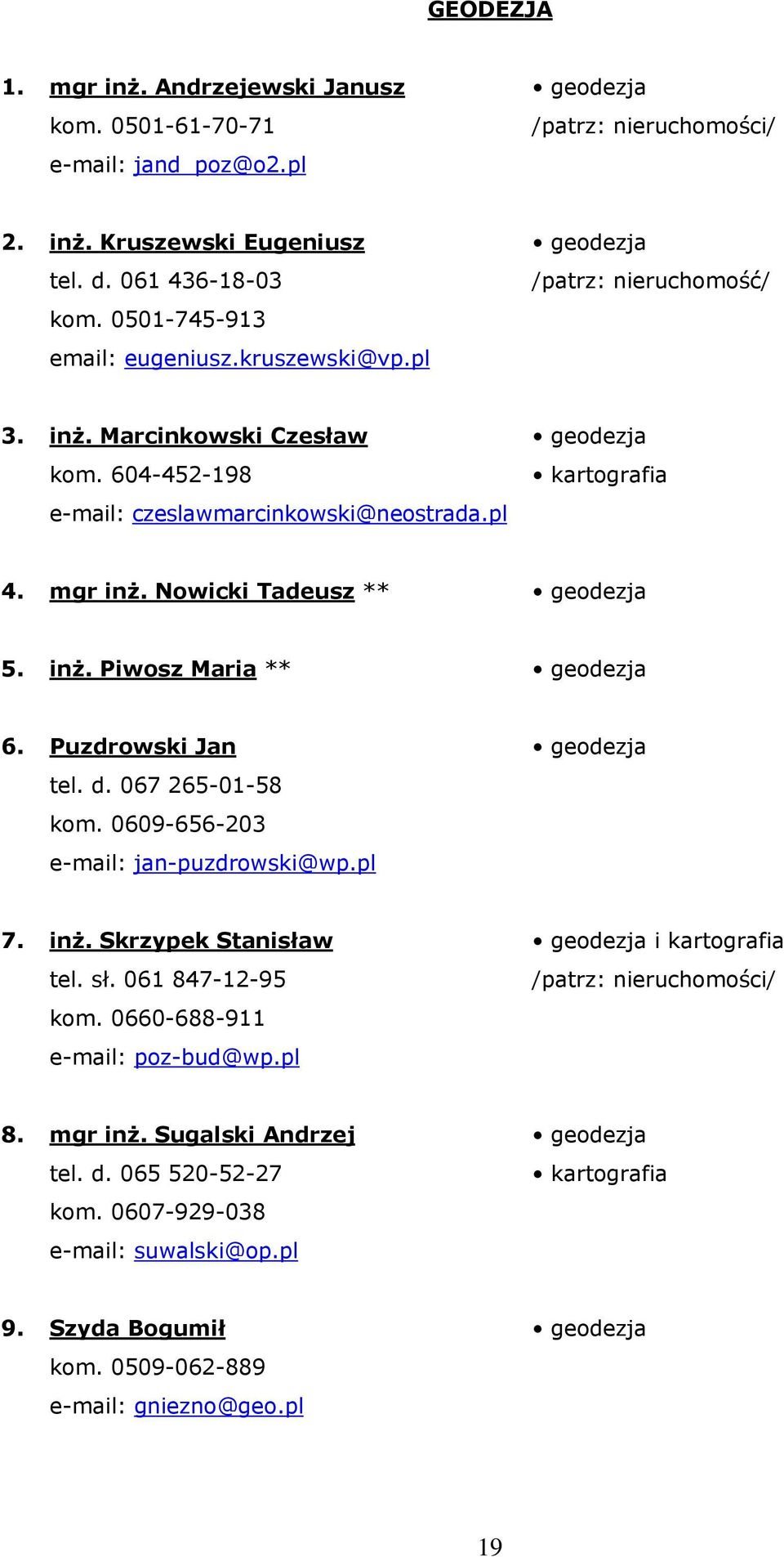 Nowicki Tadeusz ** geodezja 5. inż. Piwosz Maria ** geodezja 6. Puzdrowski Jan tel. d. 067 265-01-58 kom. 0609-656-203 e-mail: jan-puzdrowski@wp.pl geodezja 7. inż. Skrzypek Stanisław tel. sł.