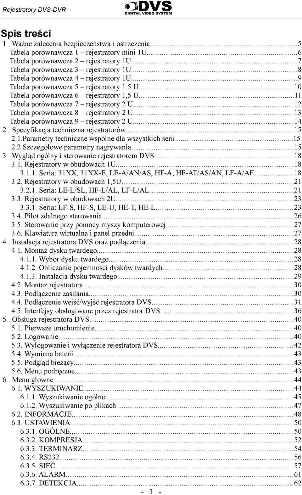 ..12 Tabela porównawcza 8 rejestratory 2 U...13 Tabela porównawcza 9 rejestratory 2 U...14 2. Specyfikacja techniczna rejestratorów...15 2.1.Parametry techniczne wspólne dla wszystkich serii...15 2.2 Szczegółowe parametry nagrywania.