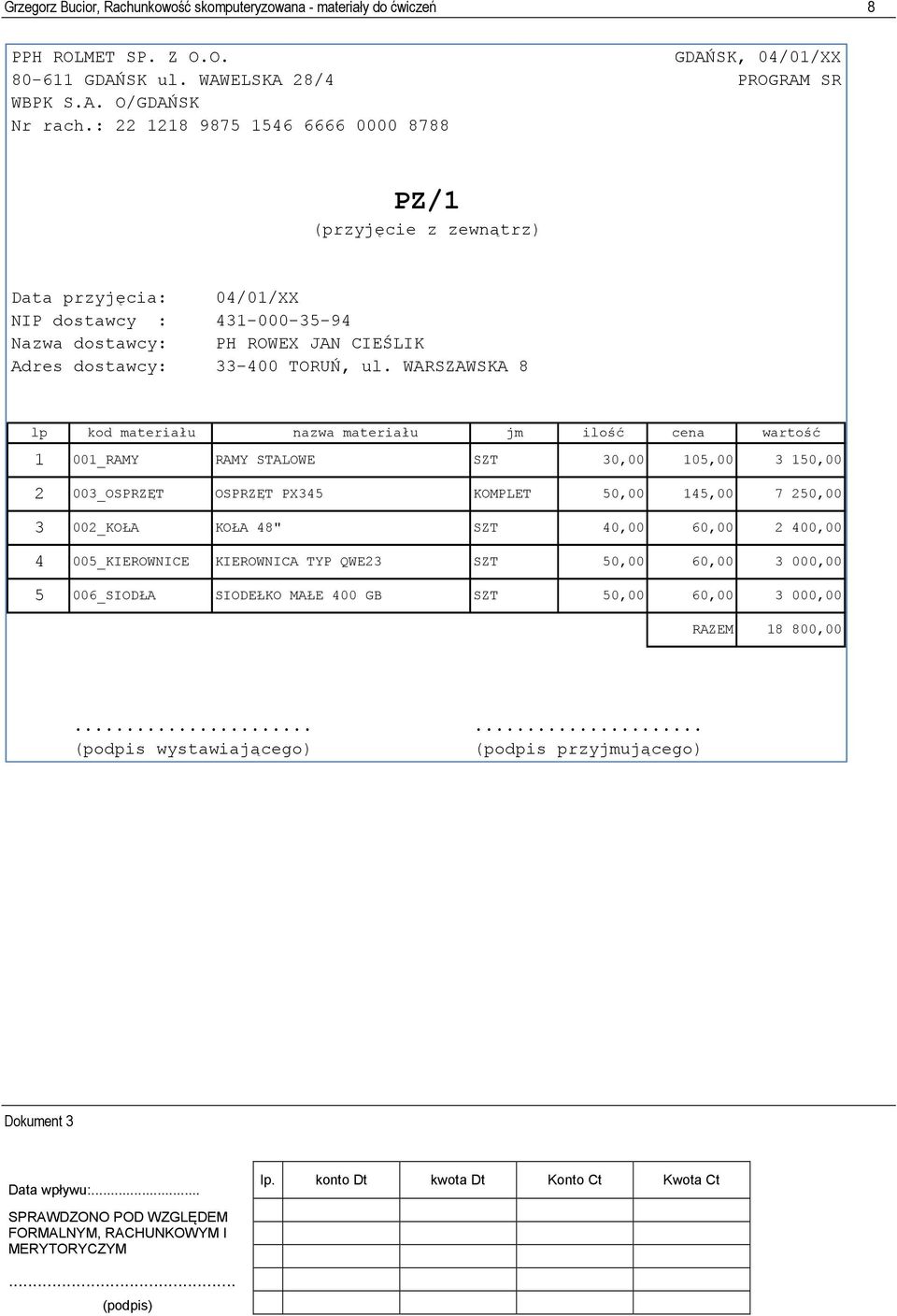 WARSZAWSKA 8 lp kod materiału nazwa materiału jm ilość cena wartość 1 001_RAMY RAMY STALOWE SZT 30,00 105,00 3 150,00 2 003_OSPRZĘT OSPRZĘT PX345 KOMPLET 50,00 145,00 7 250,00 3 002_KOŁA KOŁA