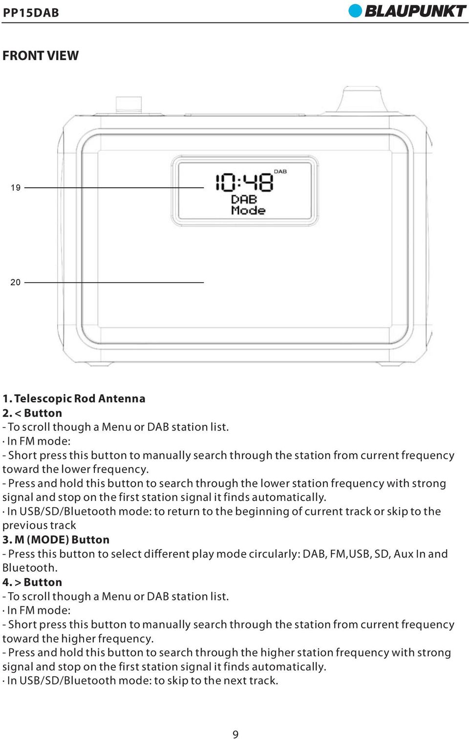 - Press and hold this button to search through the lower station frequency with strong signal and stop on the first station signal it finds automatically.