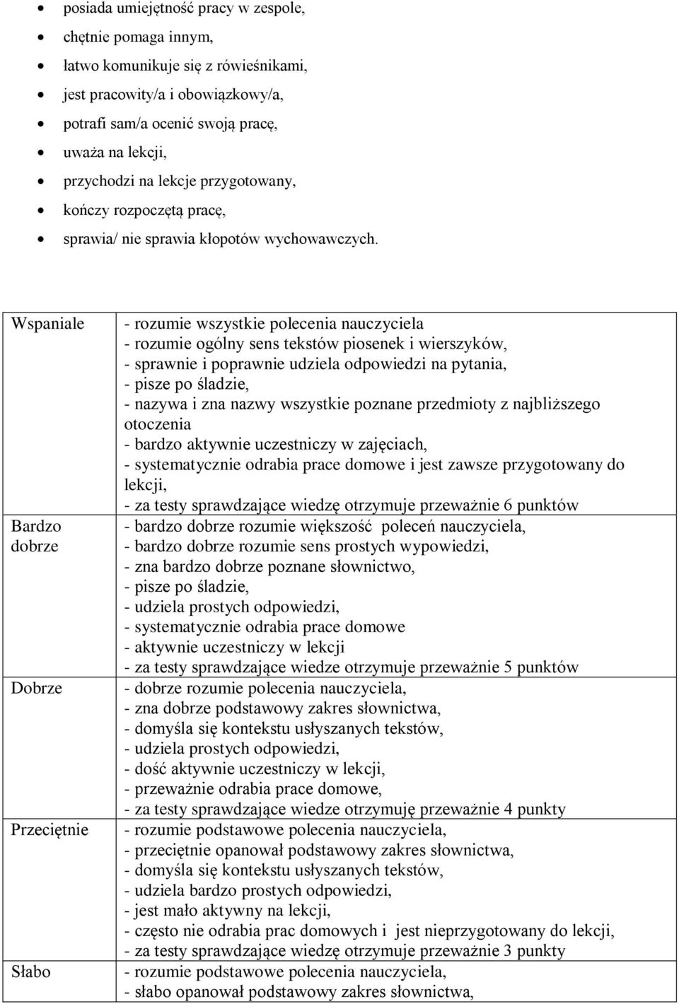 Wspaniale Bardzo dobrze Dobrze Przeciętnie Słabo - rozumie wszystkie polecenia nauczyciela - rozumie ogólny sens tekstów piosenek i wierszyków, - sprawnie i poprawnie udziela odpowiedzi na pytania, -