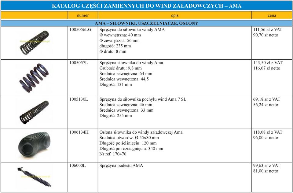 Grubość drutu: 9,8 mm Średnica zewnętrzna: 64 mm Średnica wewnętrzna: 44,5 Długość: 131 mm 143,50 zł z VAT 116,67 zł netto 1005130L Sprężyna do siłownika pochyłu wind Ama 7 SL Średnica